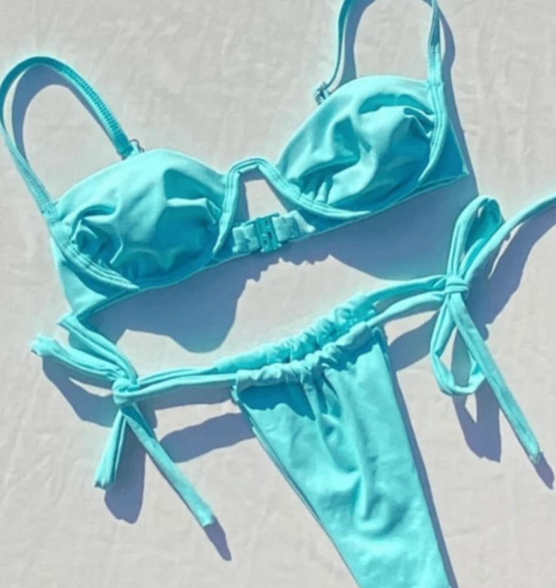 Turquoise underwire bikini flat-lay